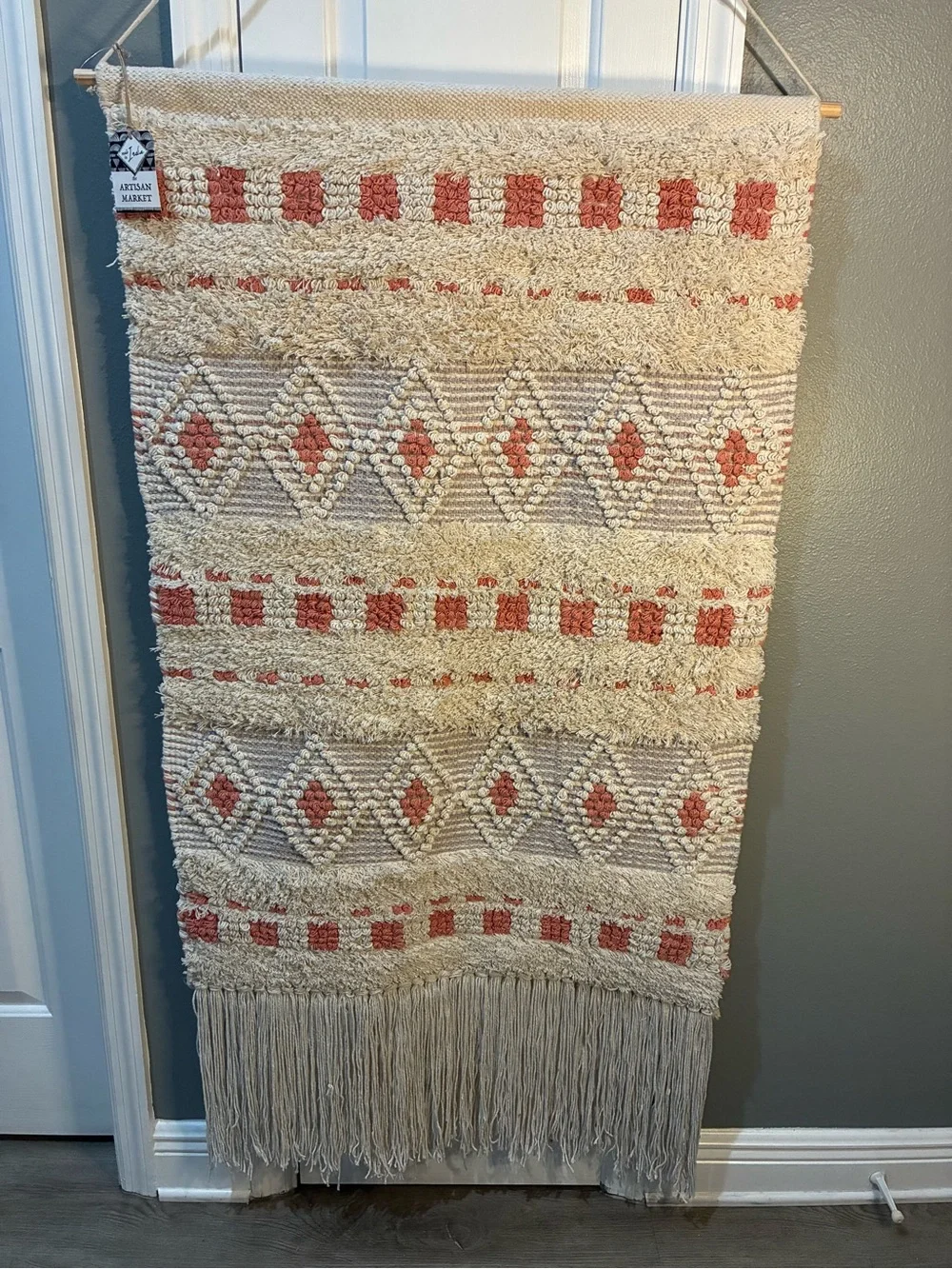Handmade Cream Grey & Terracotta 31x55 inches, Boho Geometric Woven Tapestry